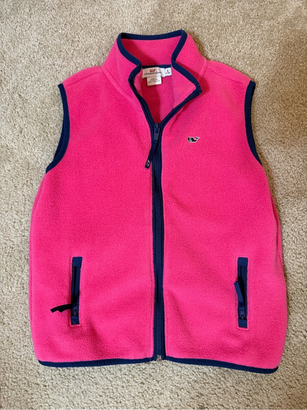 Vineyard Vines Girls Pink Fleece Vest with Navy Trim